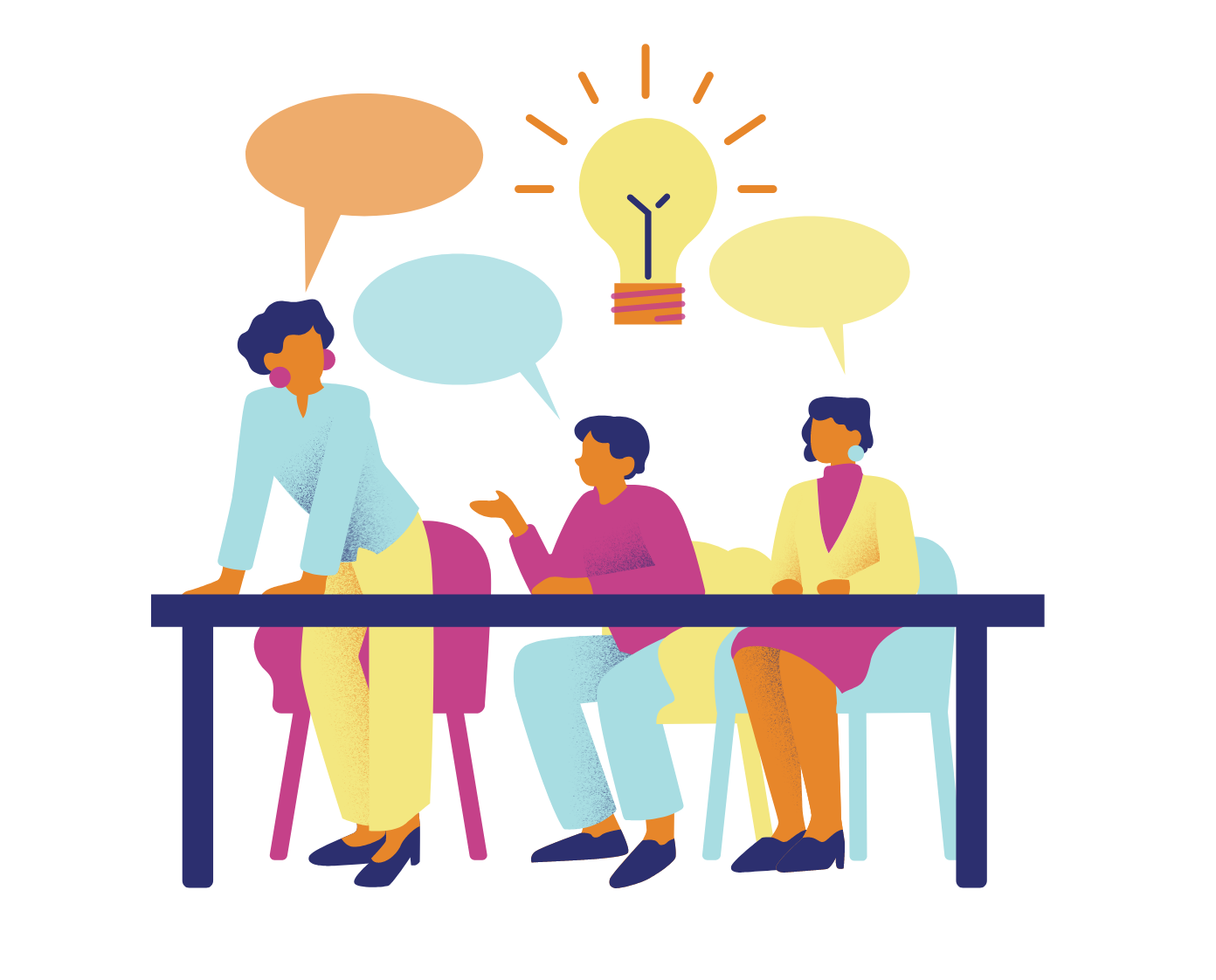 A group of people are sitting at a table with speech bubbles and a light bulb above them.