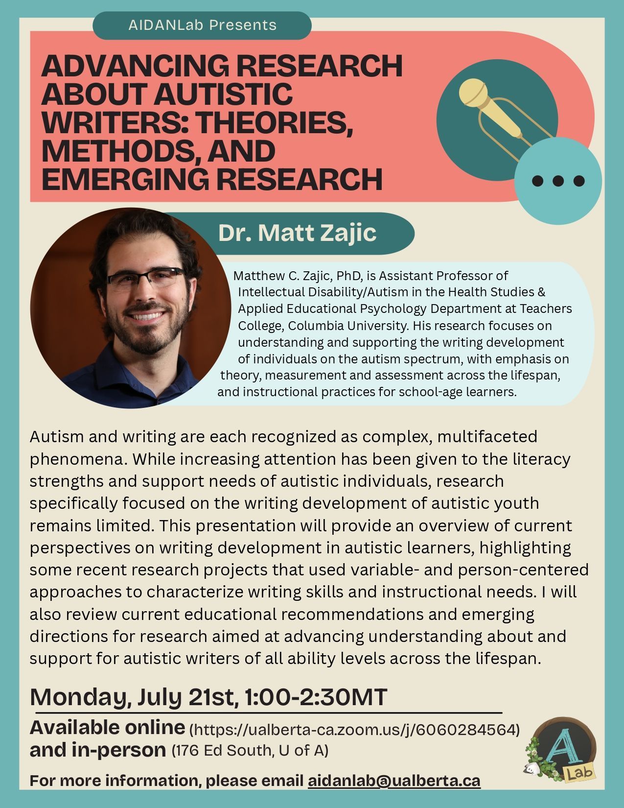 Poster for Dr. Matt Zajac’s talk on autistic writers, with portrait and event details on a teal background.