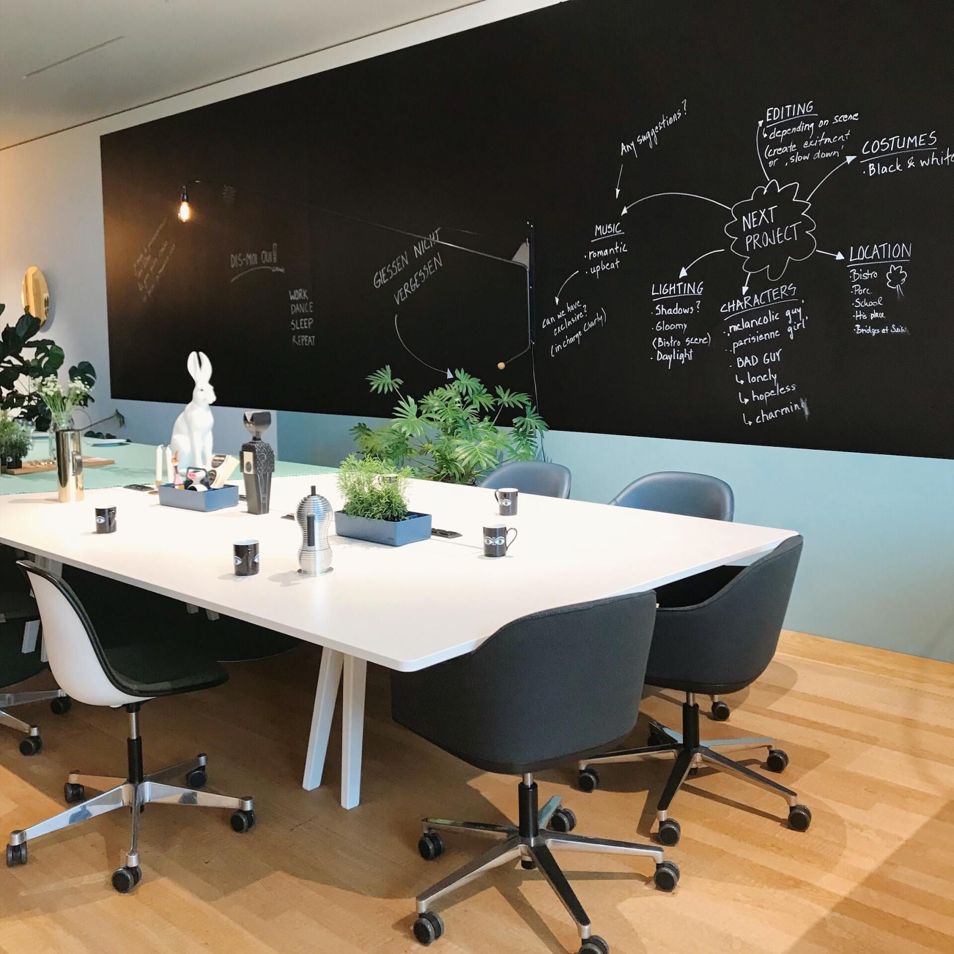Modern conference room with white table, black chairs, and a large blackboard wall covered in diagrams and notes