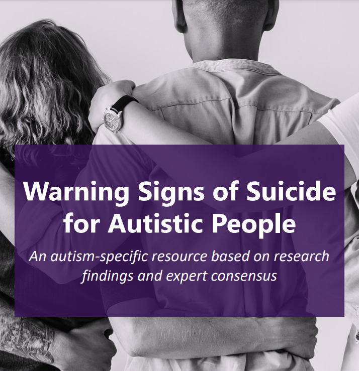 Purple title card: “Warning Signs of Suicide for Autistic People” over two people embracing.