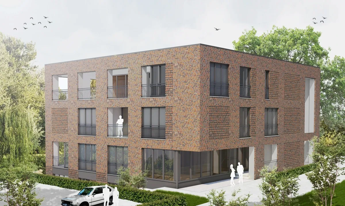 Künstlerische Darstellung eines Backsteinwohnhauses mit vielen Fenstern.