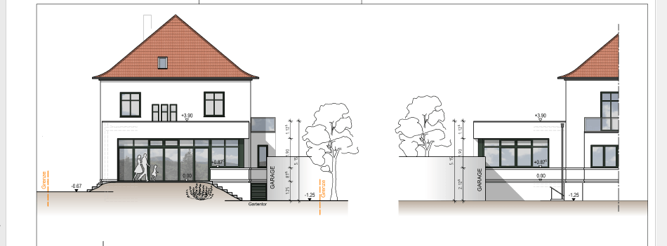 Eine Zeichnung eines Hauses mit einem roten Dach