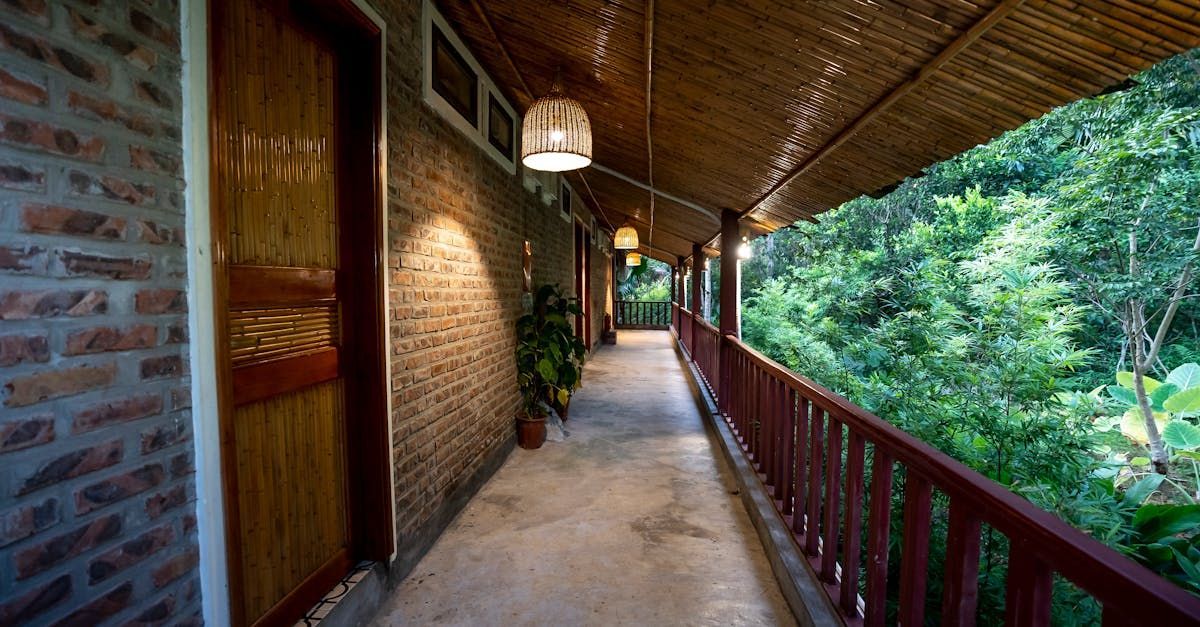 A long hallway with a balcony overlooking a lush green forest.