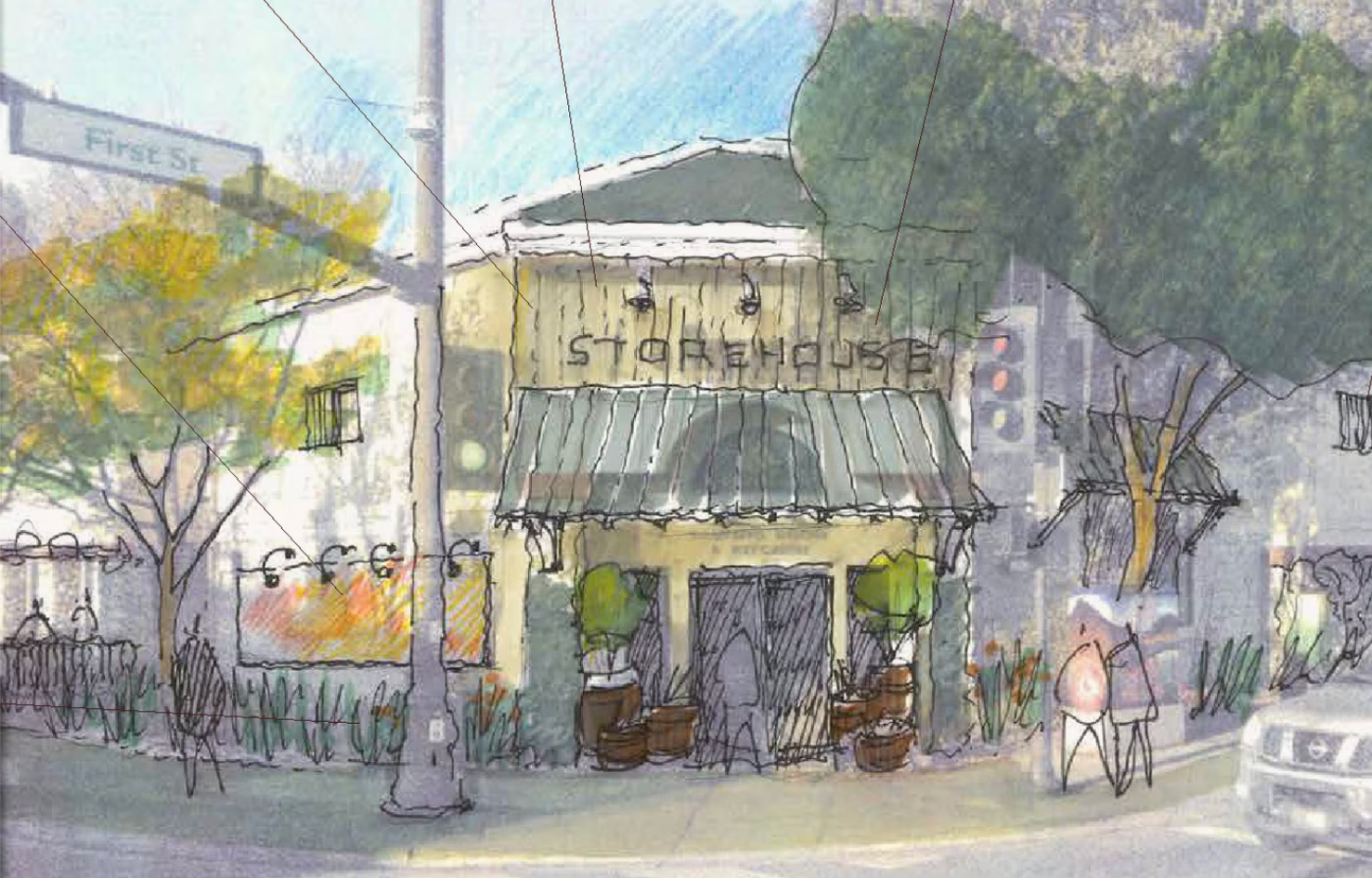 Street scene with a small café, pedestrians, trees, and parked cars in soft watercolor style