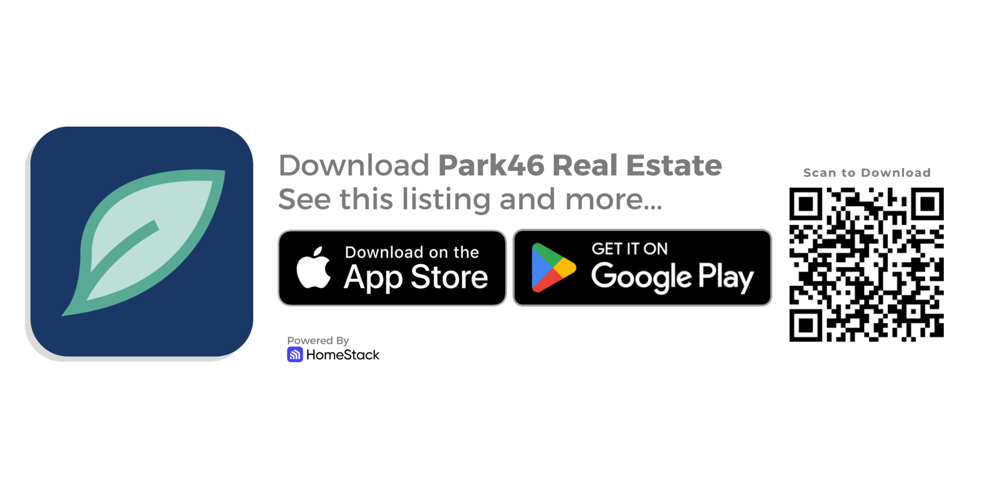 Park46 Real Estate app ad with leaf logo, App Store and Google Play buttons, and a QR code on white background