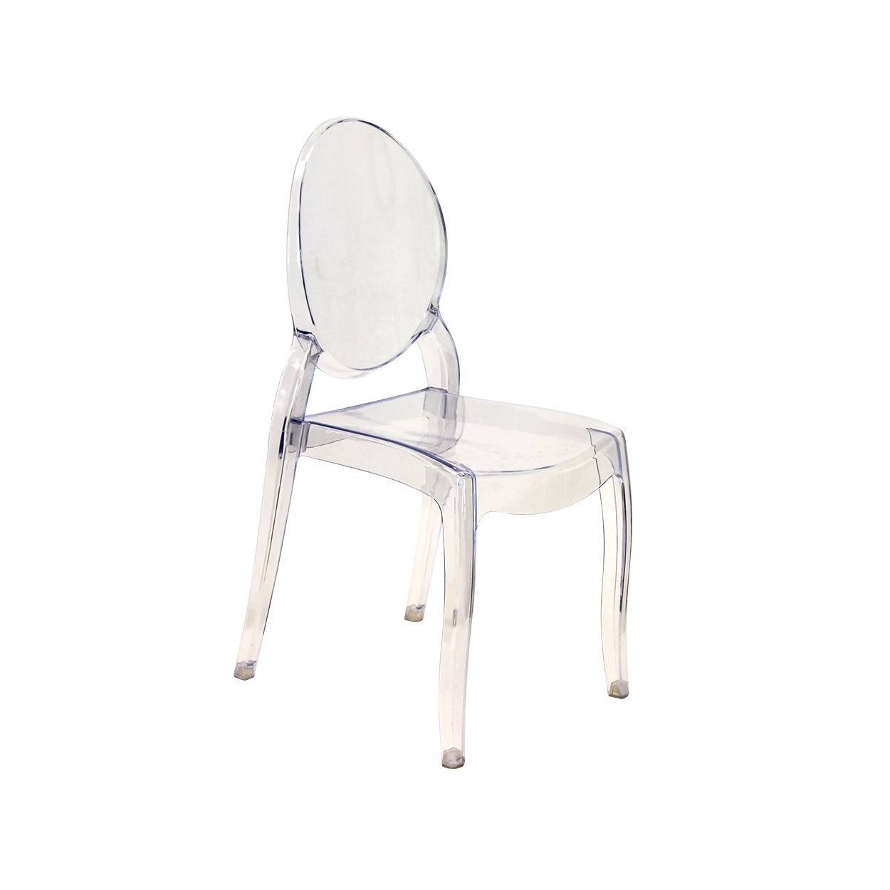 Transparent acrylic chair with round back and beige seat and legs on a white background