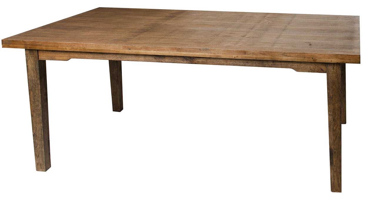 Rustic wooden dining table with four legs on a white background