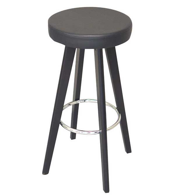 Black bar stool with round seat and metal foot ring on white background