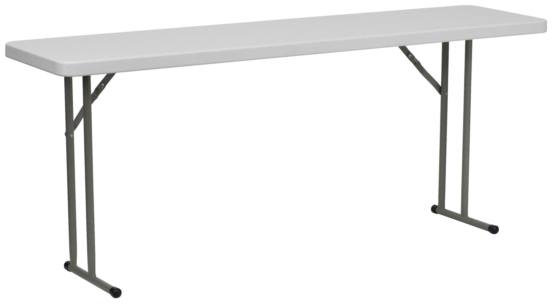 White folding table with metal legs, shown open and ready for use.