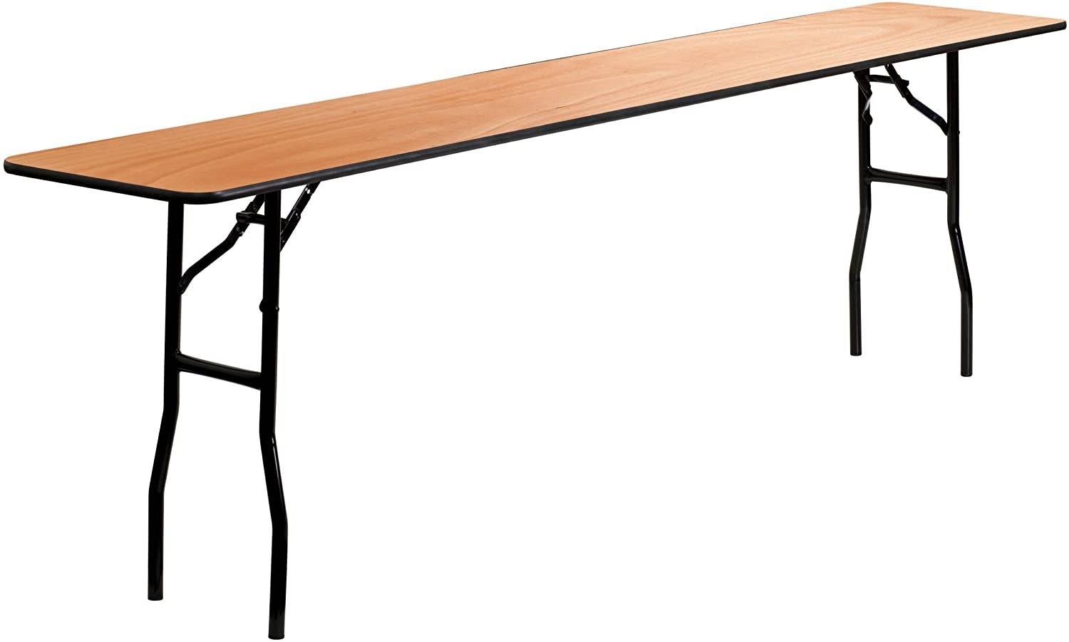Long wooden tabletop on two black metal folding legs, shown isolated on white background
