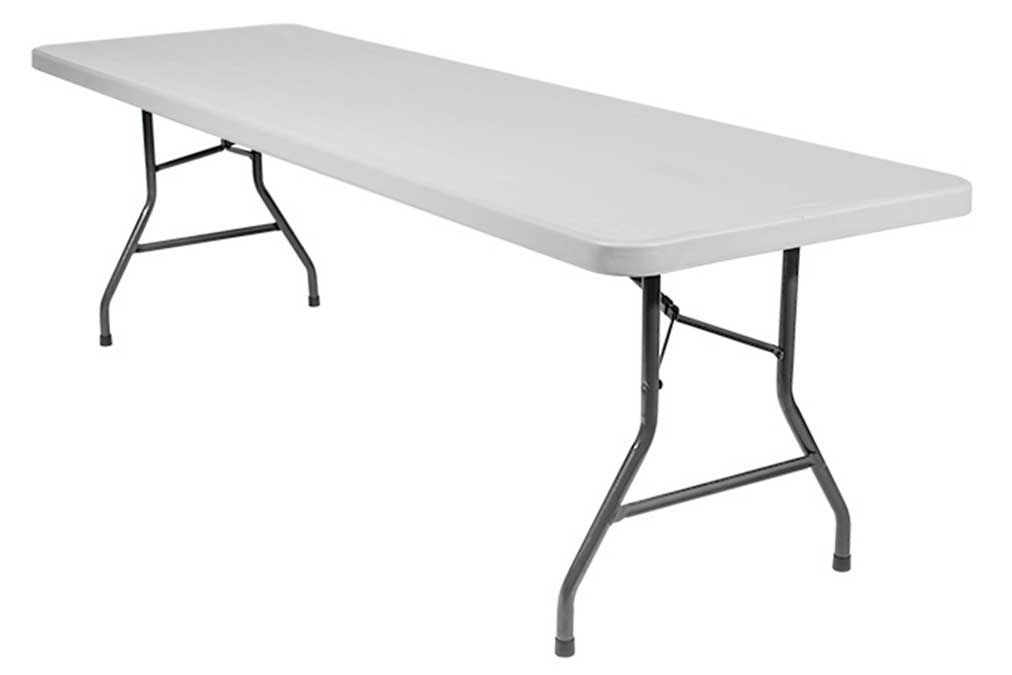 White folding banquet table with gray metal legs on a plain background