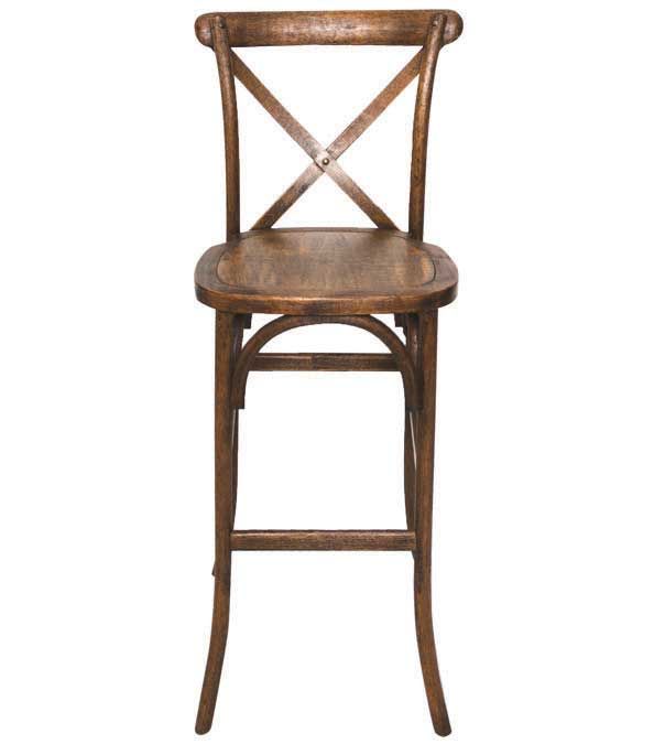 Tall brown wooden barstool with a round seat and X-back design on a white background