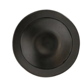 Black circular speaker or button-like object on a white background