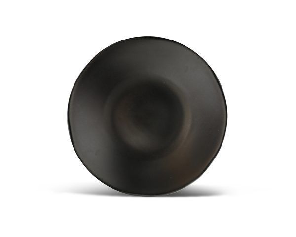 Black circular speaker or button-like object on a white background