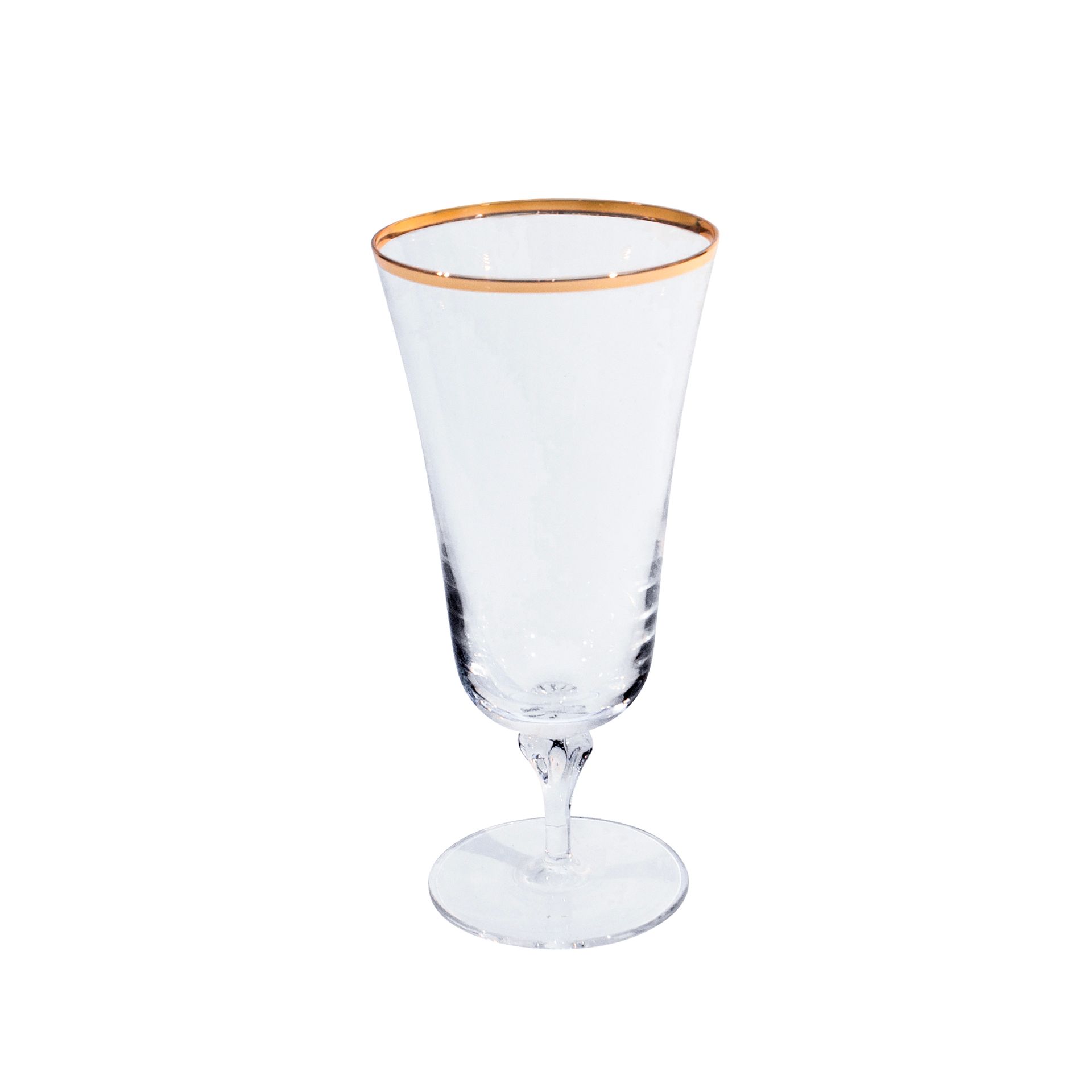 Four clear stemmed glasses with gold rims, arranged in a row on a white background.