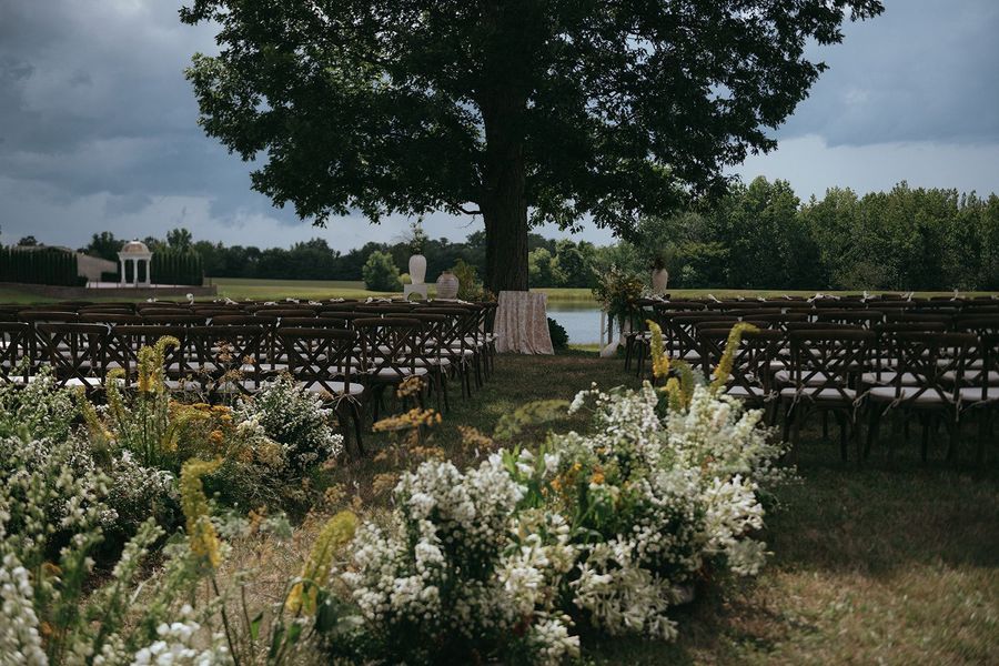 Flower garden with white and yellow blooms, wooden benches, and a large tree under a cloudy sky