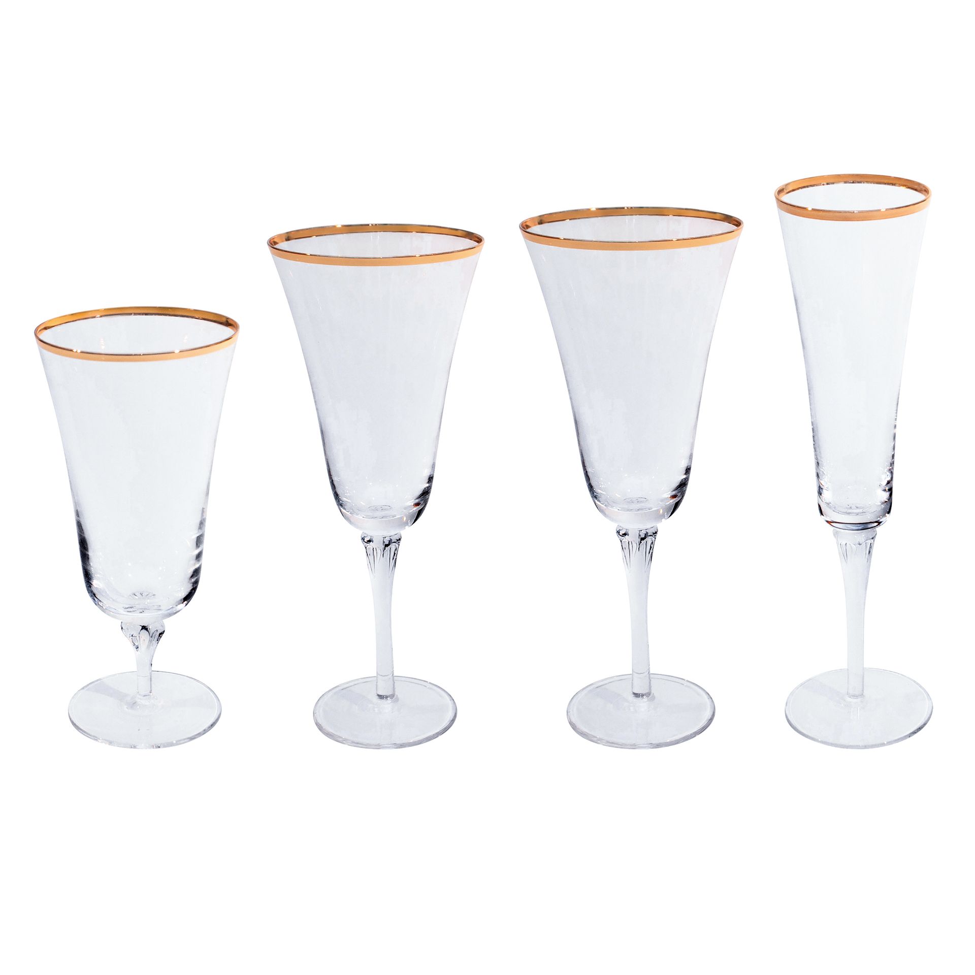 Four clear stemmed glasses with gold rims, arranged in a row on a white background.