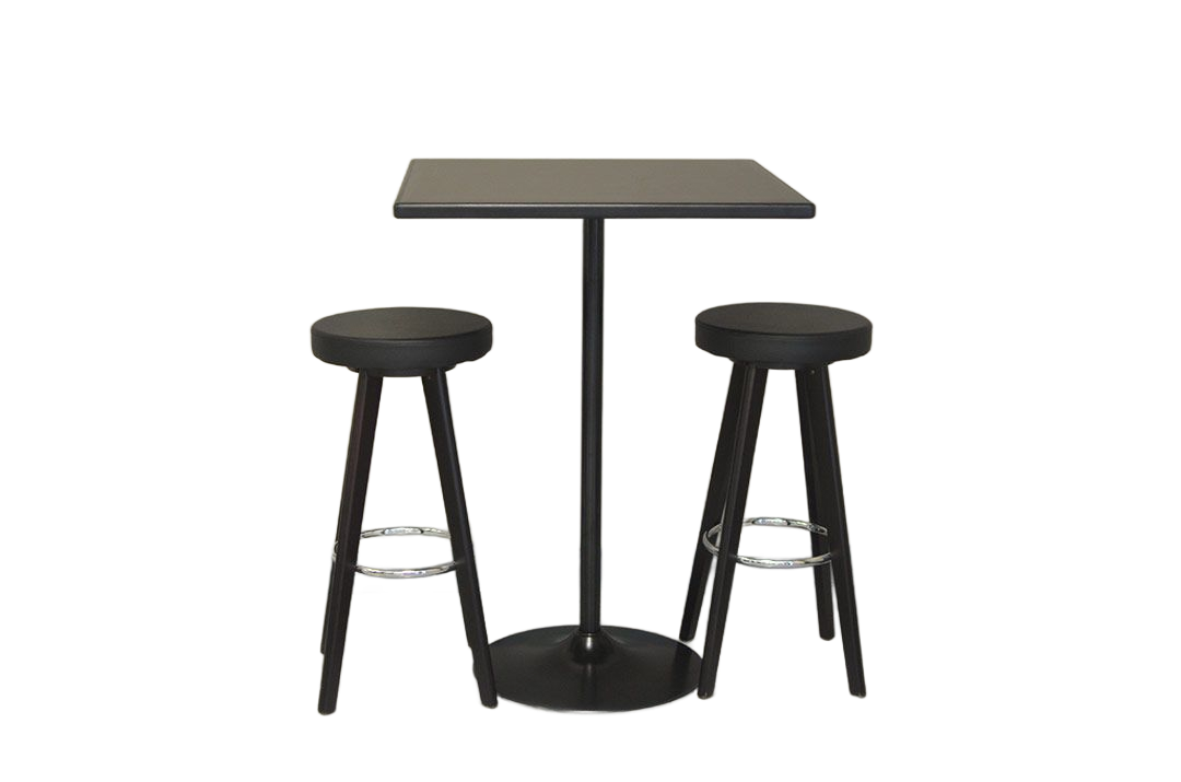 Black standing table with a square top and round base on a white background