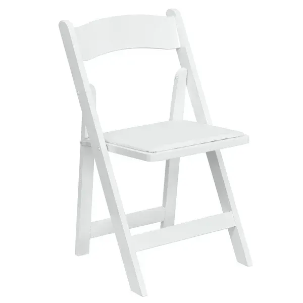 White folding chair on a plain background