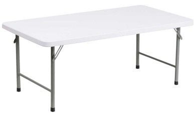 White folding banquet table with metal legs on a plain background