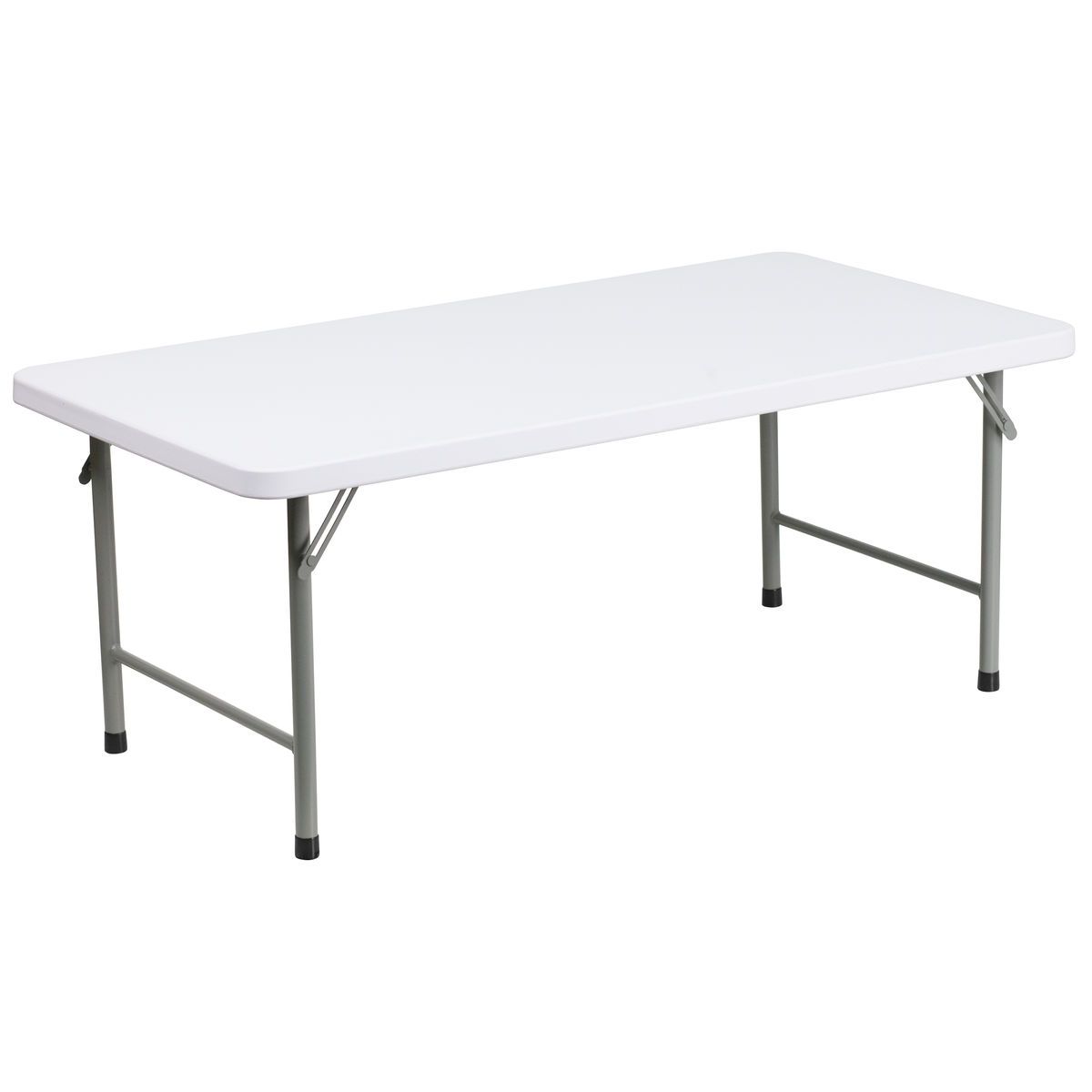 White folding banquet table with gray metal legs on a plain background
