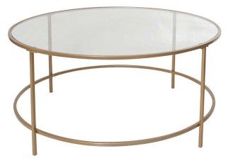 Round glass coffee table with gold metal legs and lower ring frame
