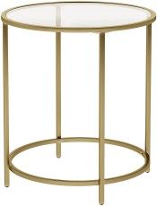 Round gold metal side table with glass top and lower shelf