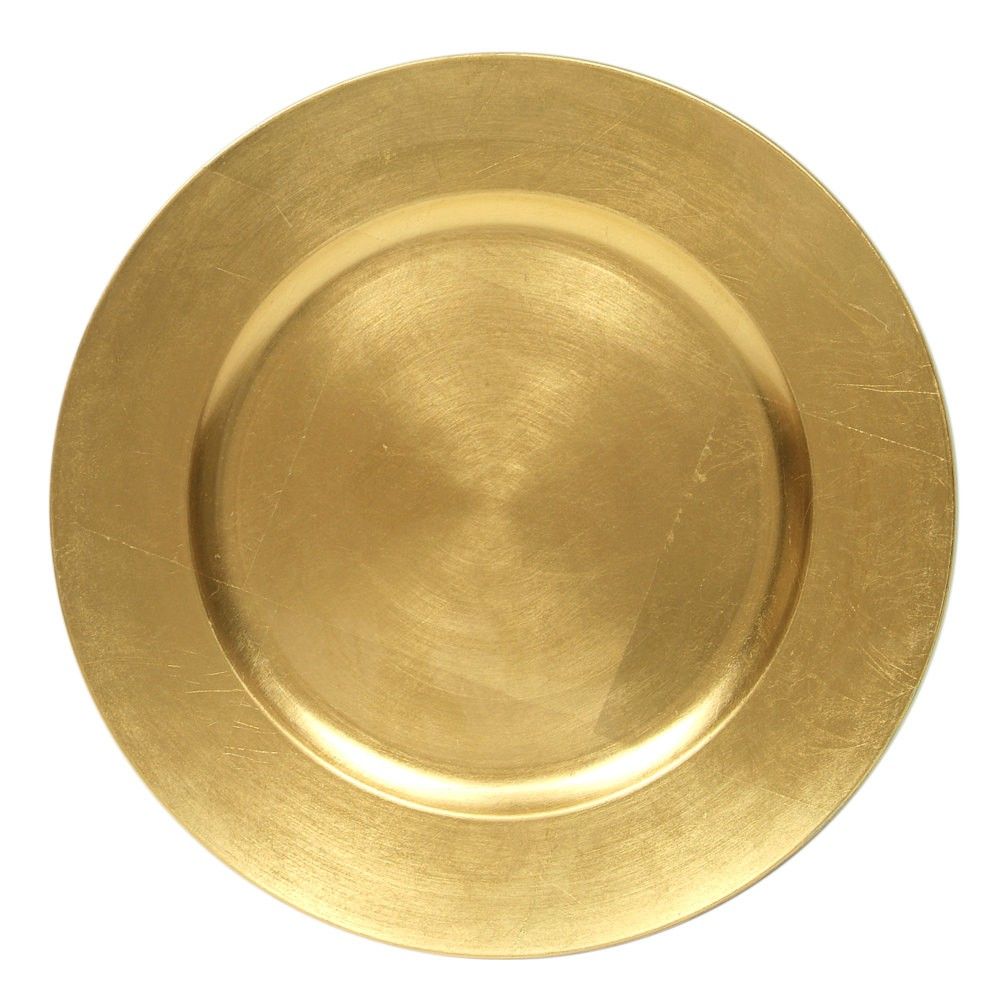 Gold-toned round plate or charger viewed from above on a white background