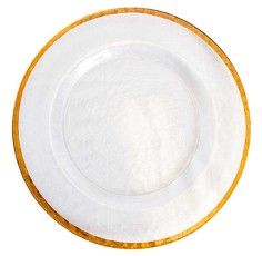 White plate with a gold rim on a plain background
