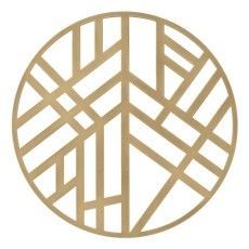 Gold geometric circular logo with intersecting lines on a white background