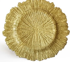 Gold decorative round plate with a textured sunburst pattern and scalloped edges