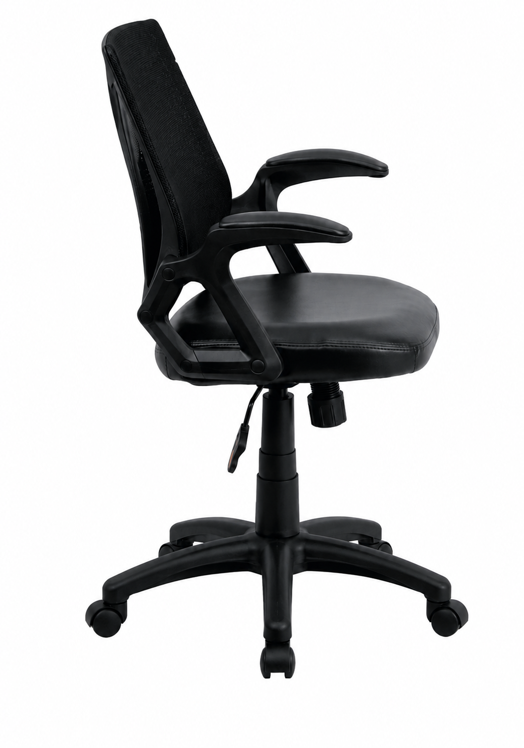 Black office chair with armrests and five-wheel base on a white background