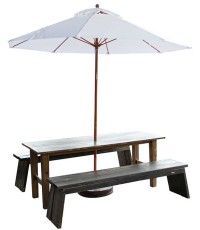 Wood picnic table with benches and a large white patio umbrella attached