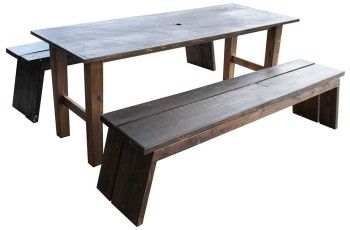 Rustic wooden picnic table with two benches, dark wood finish on a white background