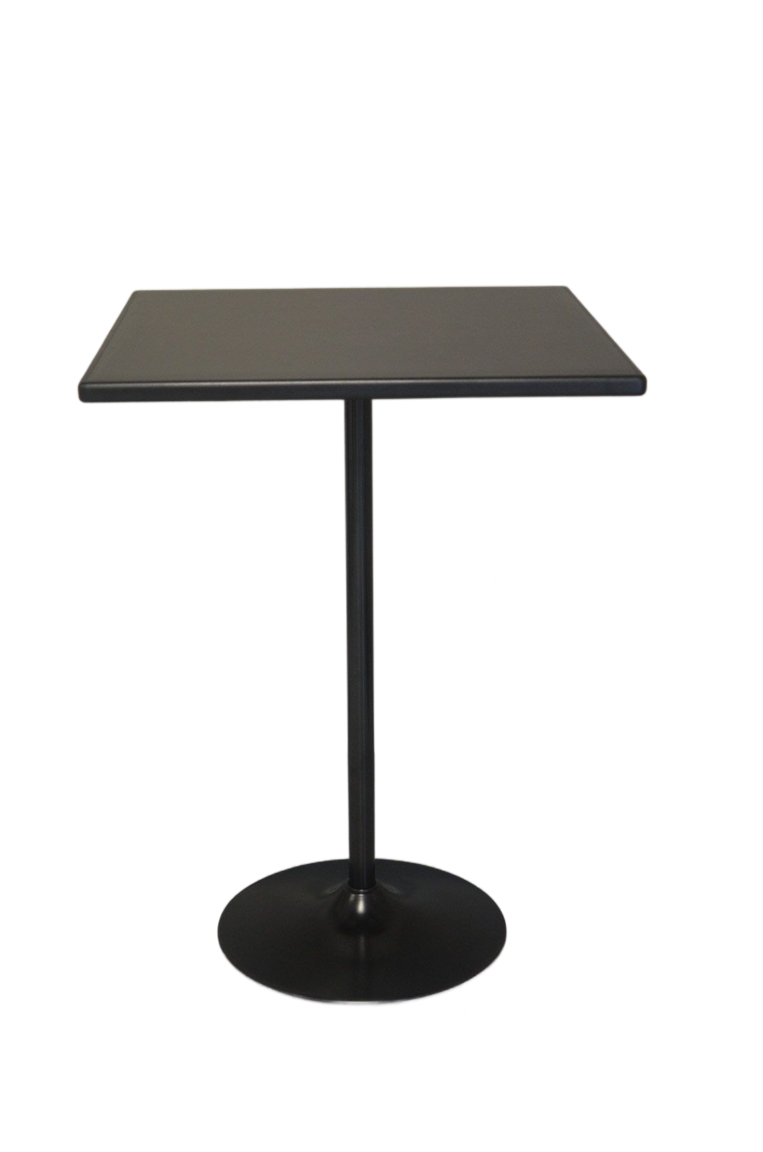 Black standing table with a square top and round base on a white background
