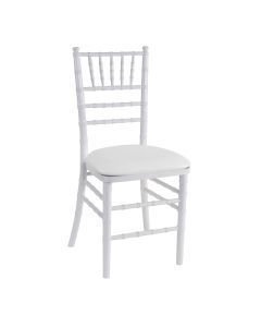 White cushioned Chiavari chair with silver frame and decorative back on a plain white background