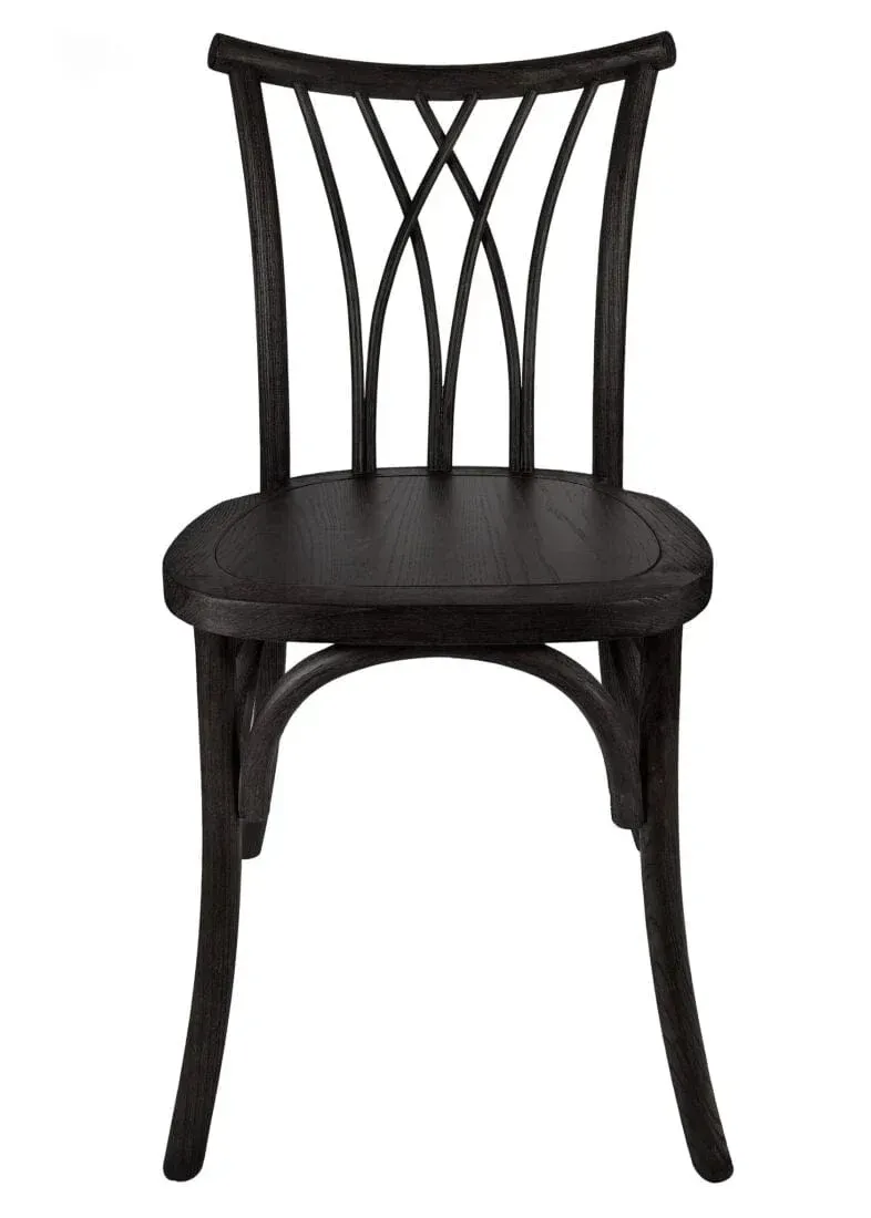 Black wooden dining chair with a curved back and round seat