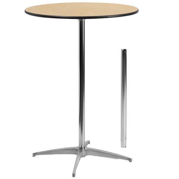 Round wooden bistro table with chrome pedestal base and matching table insert side view