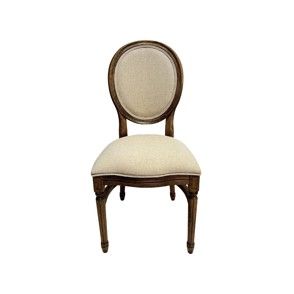 Vintage cream-upholstered wooden chair with oval backrest on white background