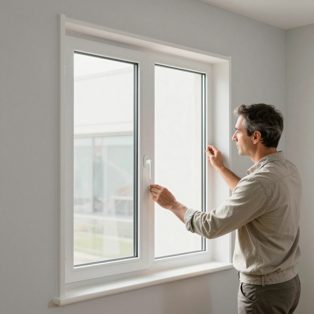 Man opening a white window with a white handle in a room with light gray walls.