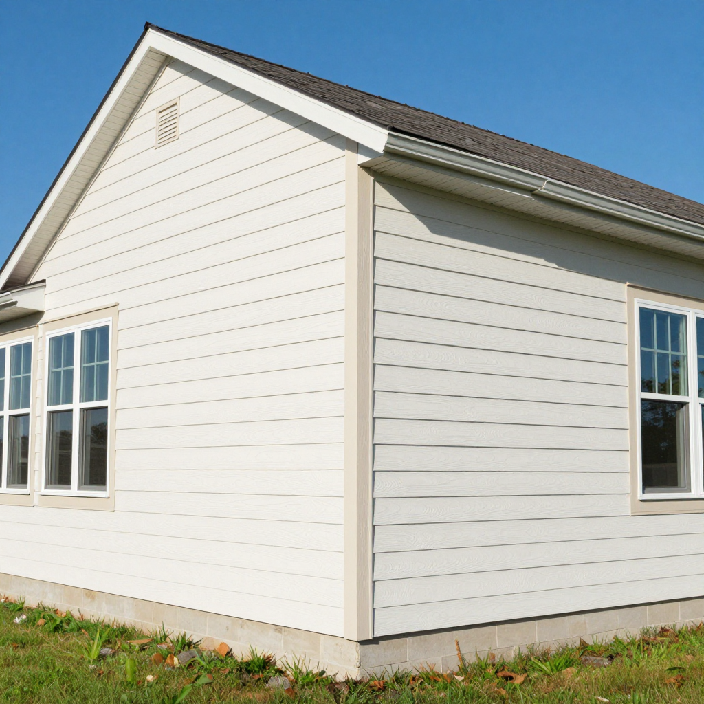 White house with light brown trim and windows against a blue sky.