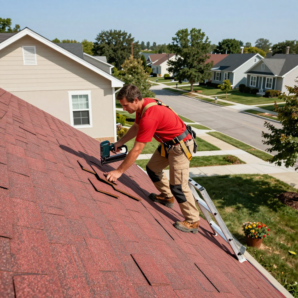 Roofer in red shirt, working on a red shingled roof, secured with a safety harness. Ladder beside him.