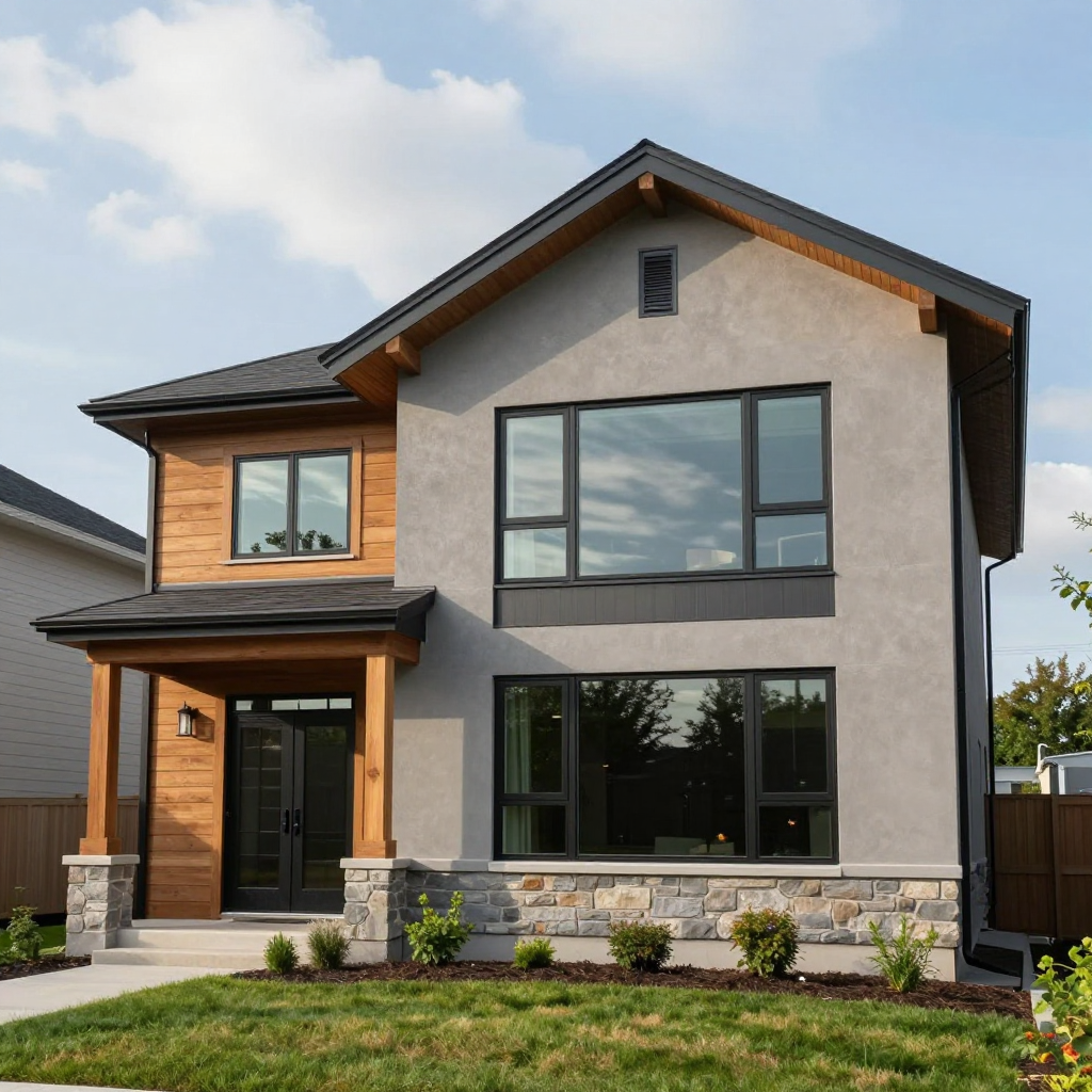 Modern two-story house with wood siding, gray stucco, dark windows, and stone accents.