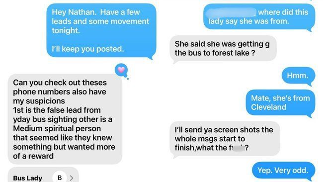 Text message conversation with blue bubbles. Discussion about loads, a bus sighting, and a spiritual person from Cleveland.