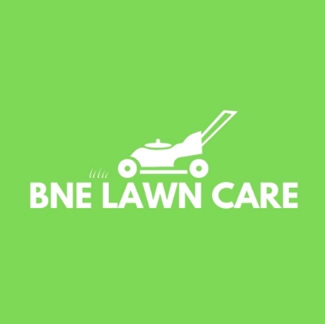 Green logo with a white lawn mower and “BNE LAWN CARE” text on a bright green background
