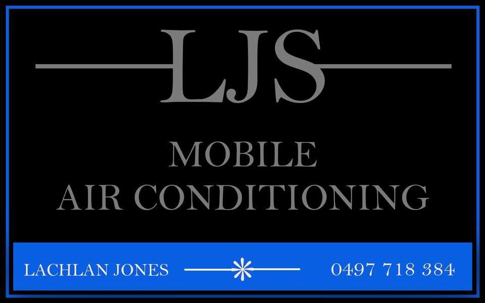 LJS Mobile Air Conditioning logo on black, with blue border and contact details for Lachlan Jones.