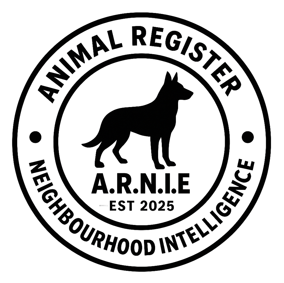 Black and white round logo: Dog silhouette, 