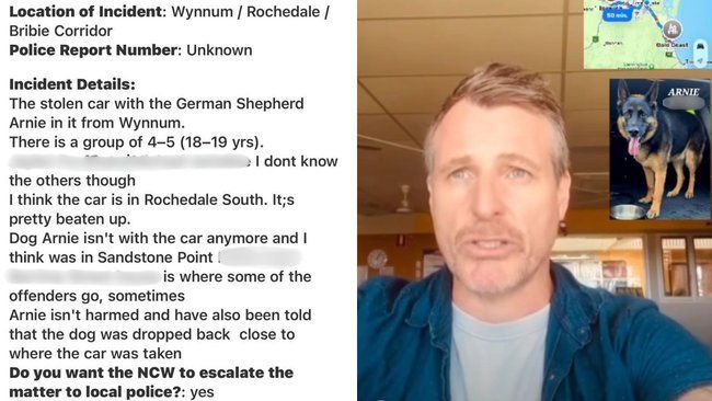 Man speaking, text describing a stolen car with a dog, German Shepherd named Arnie, and map image.