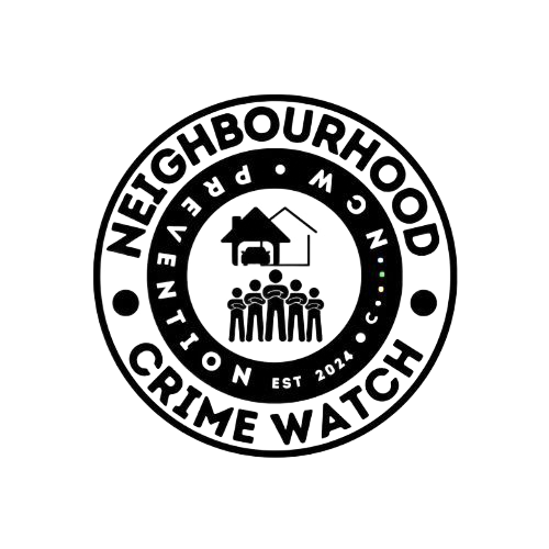 Black and white Neighbourhood Crime Watch logo with house, people, and text in a circle.