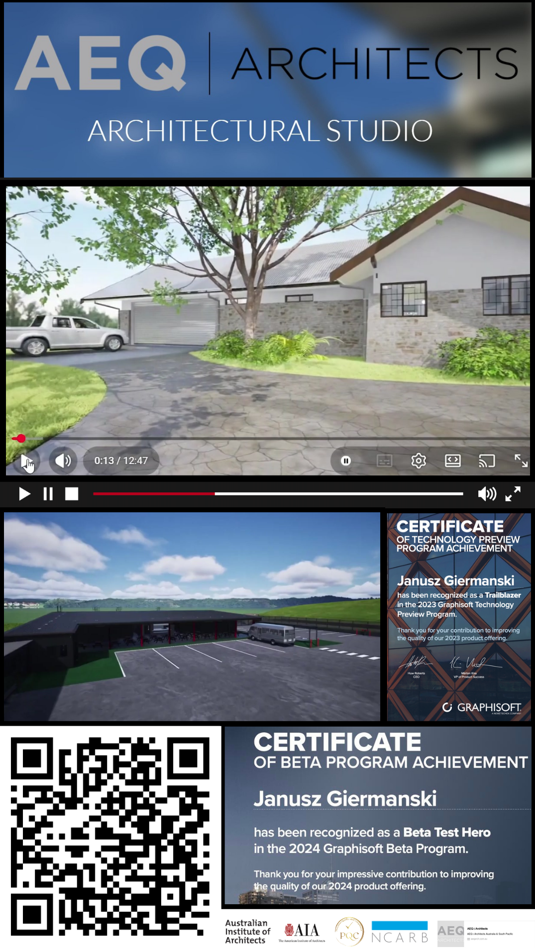 AEQ Architects architectural studio flyer with house render, QR code, and certificate on blue-gray background